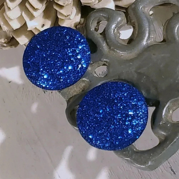 Retro 80s Club Glam Disco Sparkly Cobalt Blue Fabric Button Earrings - Picture 6 of 10